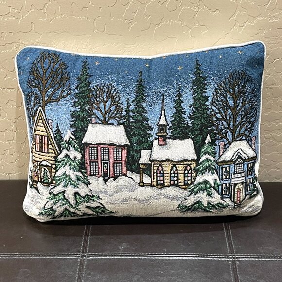 Winter Christmas Pillow Rectangle Church Village Blue Silver Holiday EUC - Picture 1 of 7